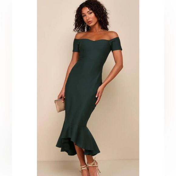 Lulus How Much I Care Dark Green Off-the-Shoulder Ruffle Hem Midi‎ Dress Sz S - Picture 1 of 12